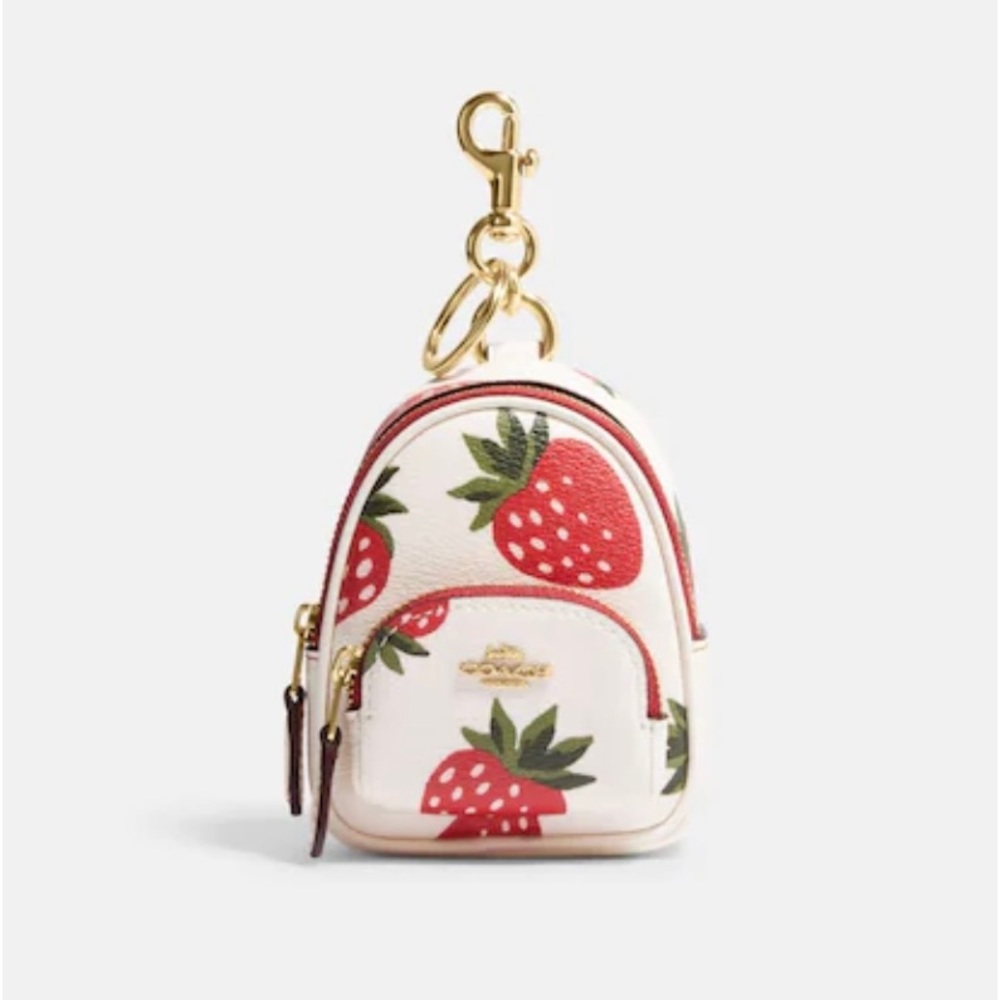 COACH mini court backpack bag charm with wild strawberry print. NWT